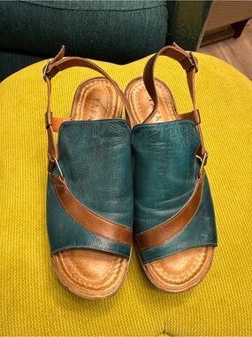 Teal and Brown Leather Slingback Sandals